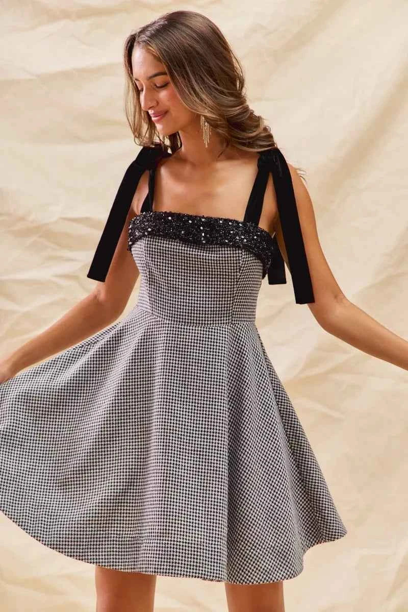 SO ME Houndstooth Fit Flare Mini Dress with Shoulder Tie SO ME Houndstooth Fit Flare Mini Dress with Shoulder Tie