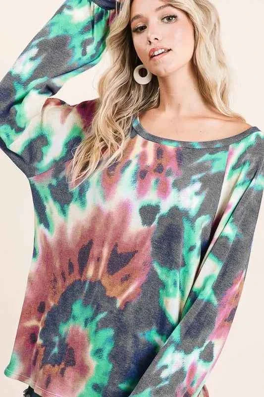BiBi Tie Dye Print Terry Top with Puff Sleeves BiBi Tie Dye Print Terry Top with Puff Sleeves