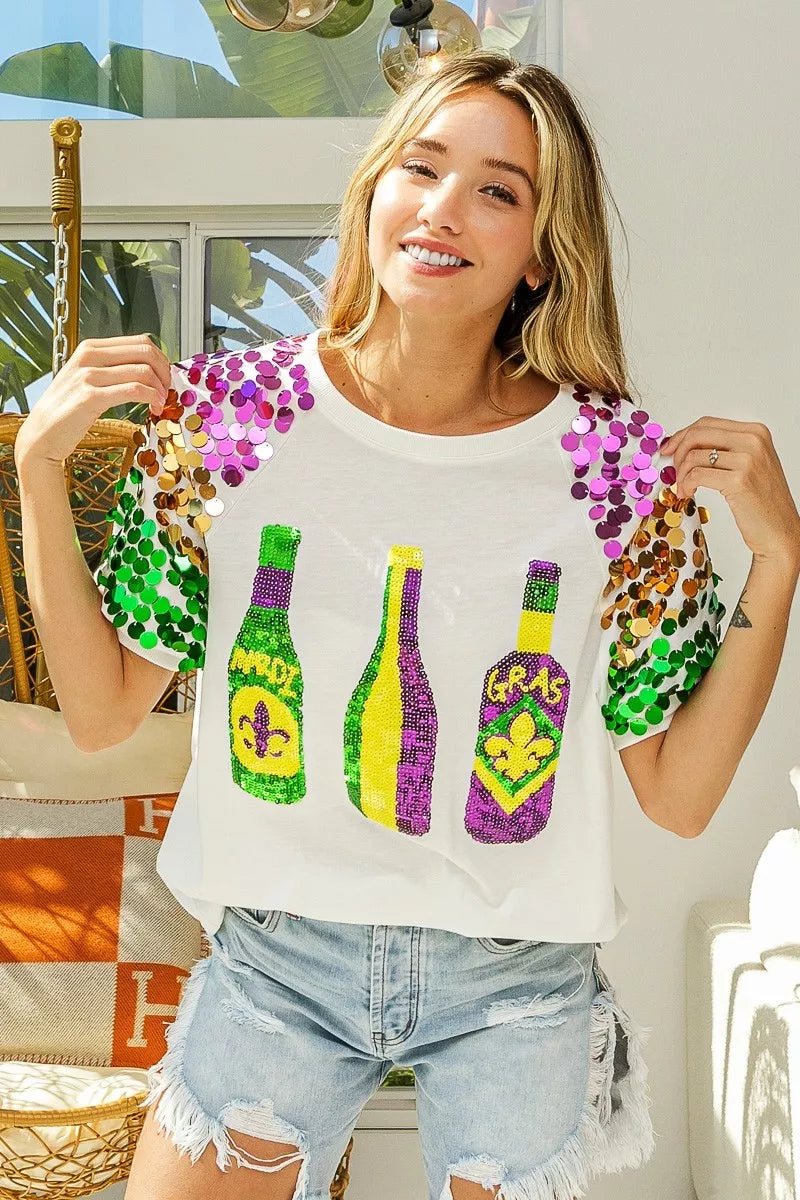 BiBi Sequin Mardi Gras Bottles Spangled Sleeve Top f7d5b546705644b7890f59c81d71ff3e-Max-Origin