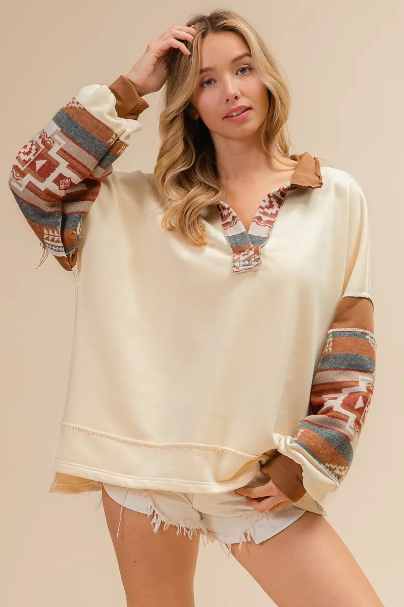 BiBi French Terry Knit and Aztec Print Mixed Top f800fa576c32466280a193856d1b7032-Max-Origin