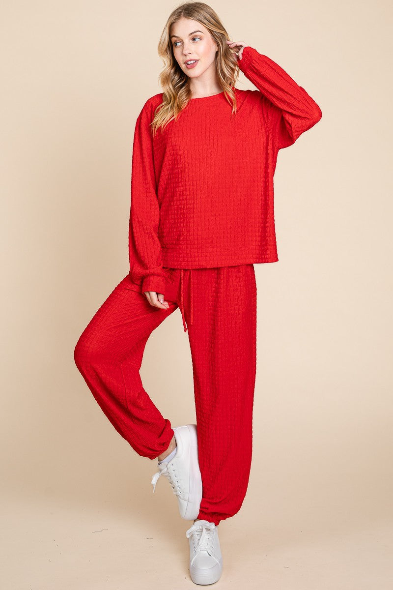 Super Lady Full Size Crinkle Check Round Neck Top and Pants Lounge Set Super Lady Full Size Crinkle Check Round Neck Top and Pants Lounge Set