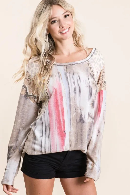 BiBi Tie Dye Knit Top with Print Block Shoulder f83c8ad3779e4202b54ca4681cc74918-Max-Origin