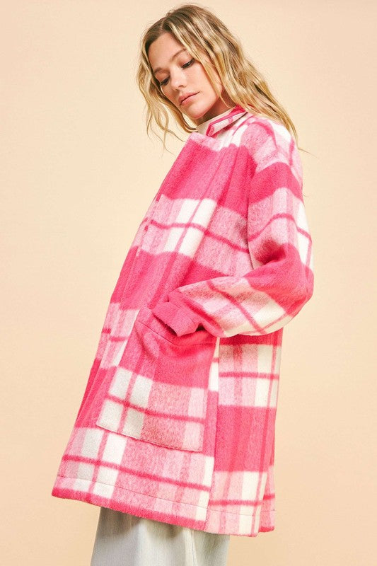 Davi & Dani Plaid Open Front Drop Shoulder Longline Coat Davi & Dani Plaid Open Front Drop Shoulder Longline Coat