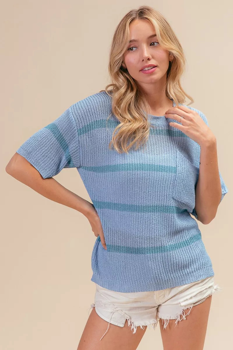 BiBi Patch Pocket Striped Lightweight Sweater Top f86b0188-c52a-44d5-93db-482e73b775eb-Max-Origin