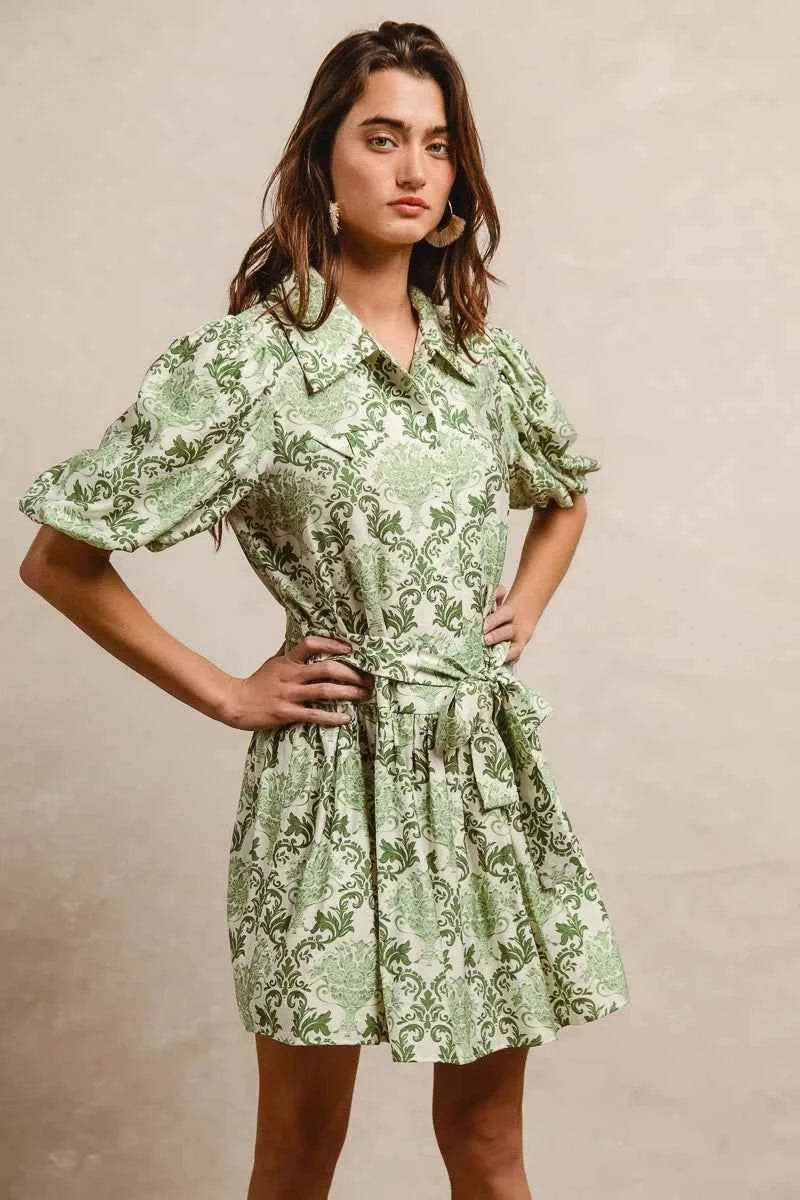 BiBi Tied Floral Short Sleeve Mini Shirt Dress BiBi Tied Floral Short Sleeve Mini Shirt Dress