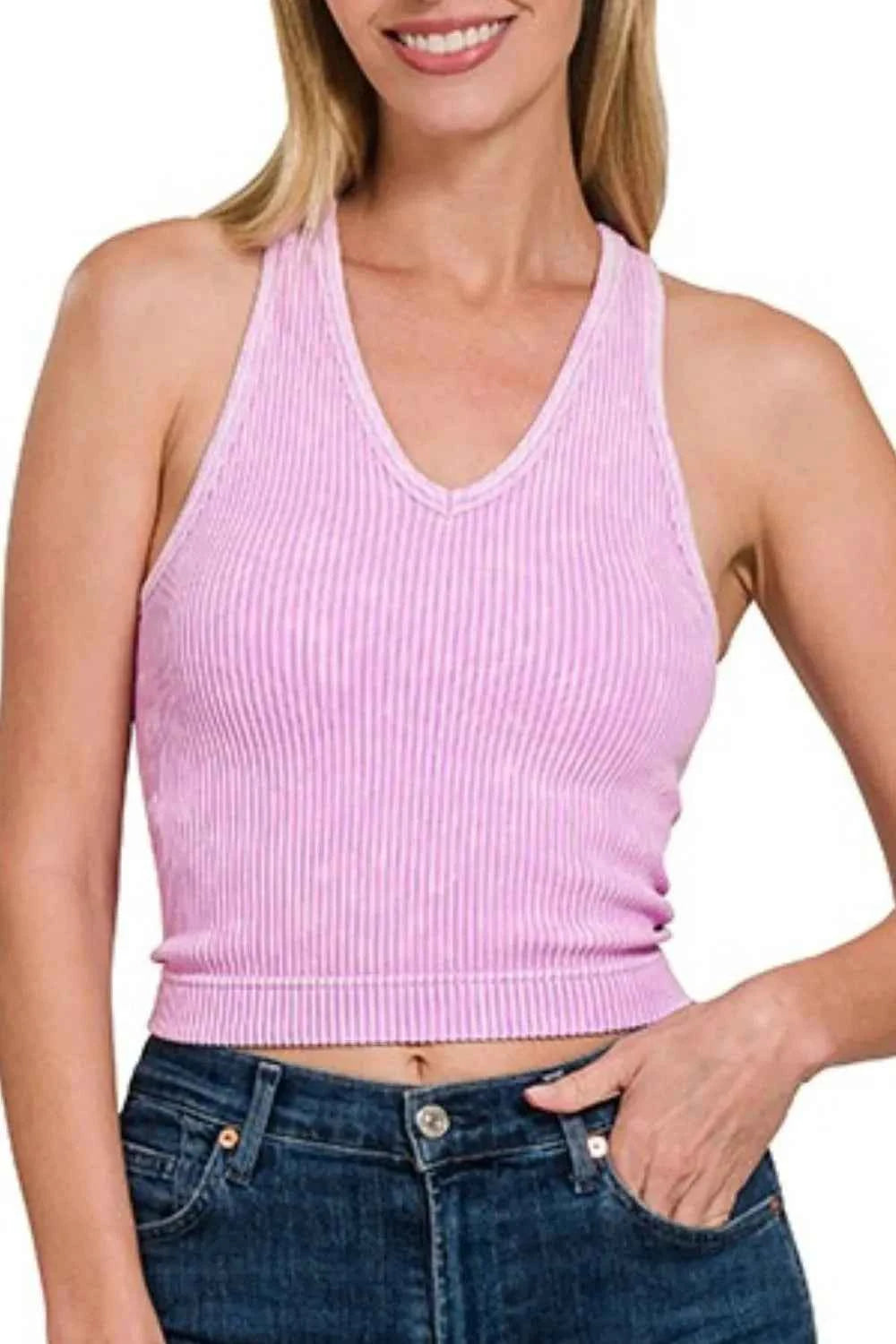 Zenana Washed Ribbed Seamless Bra Padded V-neck Tank Top Zenana Washed Ribbed Seamless Bra Padded V-neck Tank Top