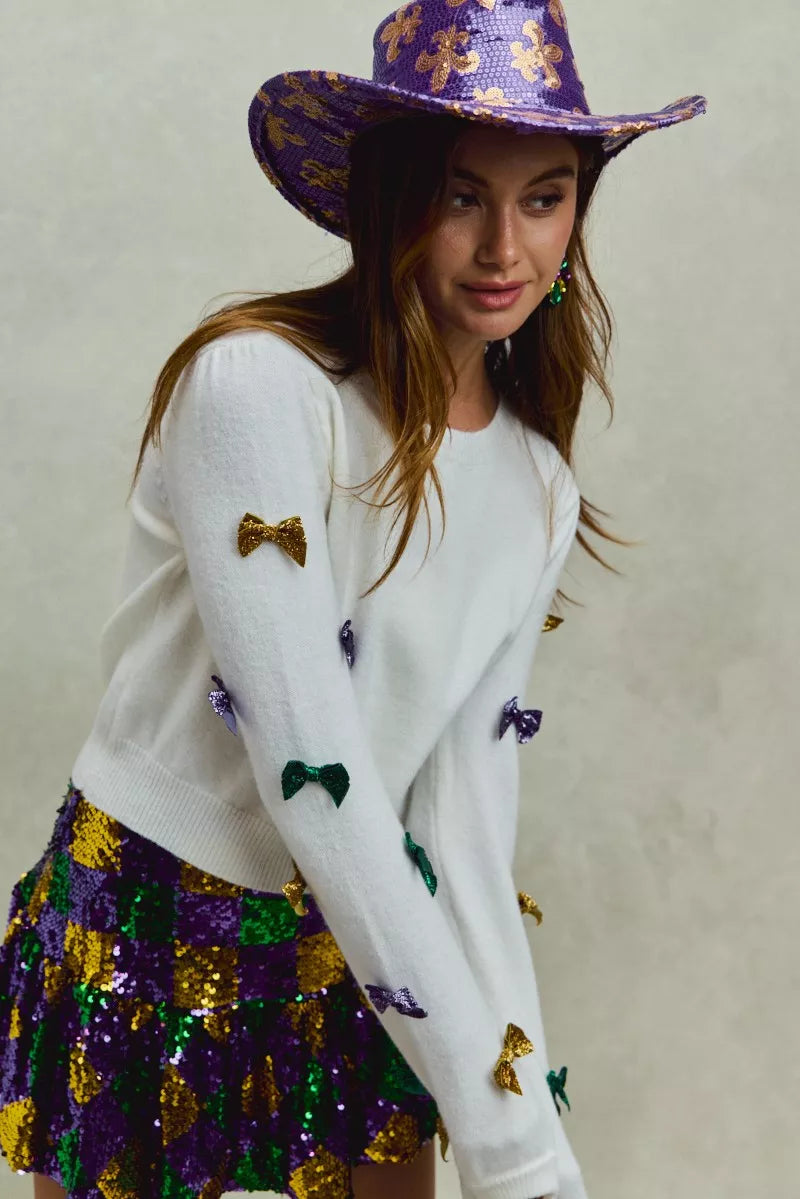 SO ME Mardi Gras Glitter Bow Ribbon Sweater Knit Top f8b58d5aff014f418250b059079523be-Max-Origin