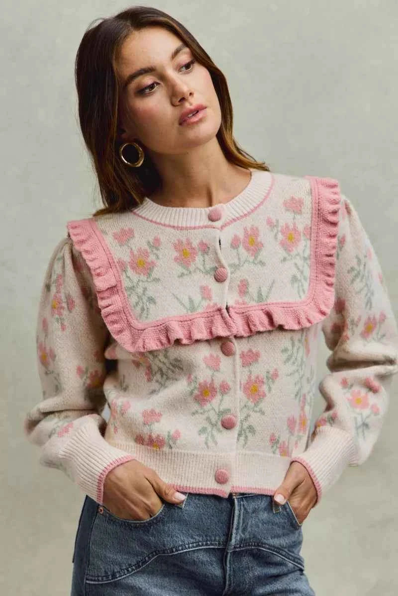 SO ME Flower With Ruffle Detailing Sweater Cardigan SO ME Flower With Ruffle Detailing Sweater Cardigan