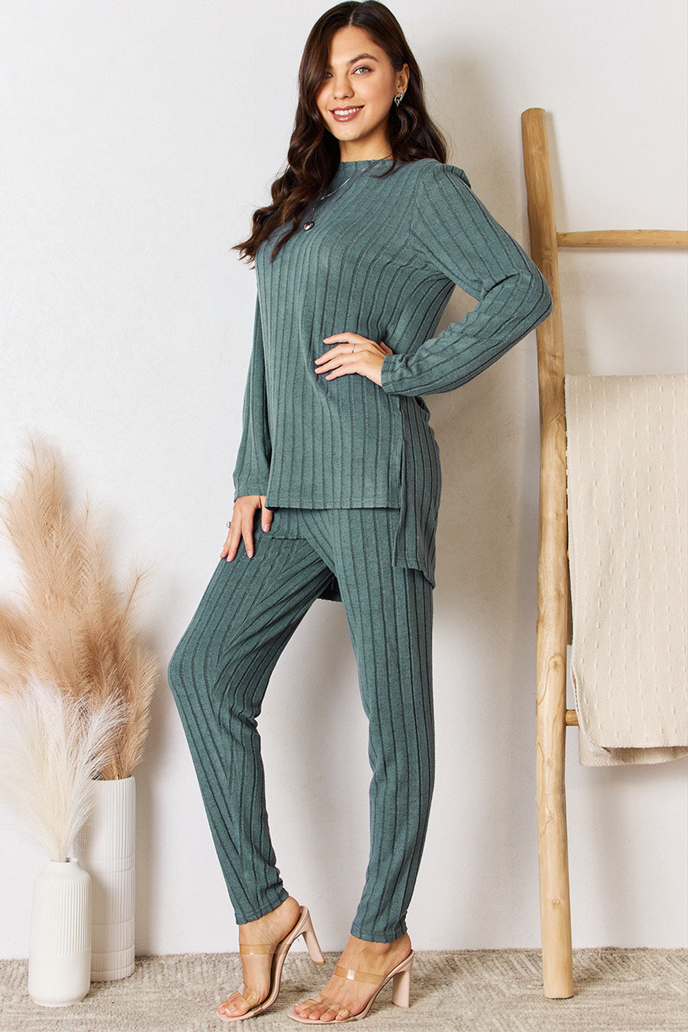 Basic Bae Full Size Ribbed Round Neck High-Low Slit Top and Pants Set Basic Bae Full Size Ribbed Round Neck High-Low Slit Top and Pants Set - TopFashionHQ