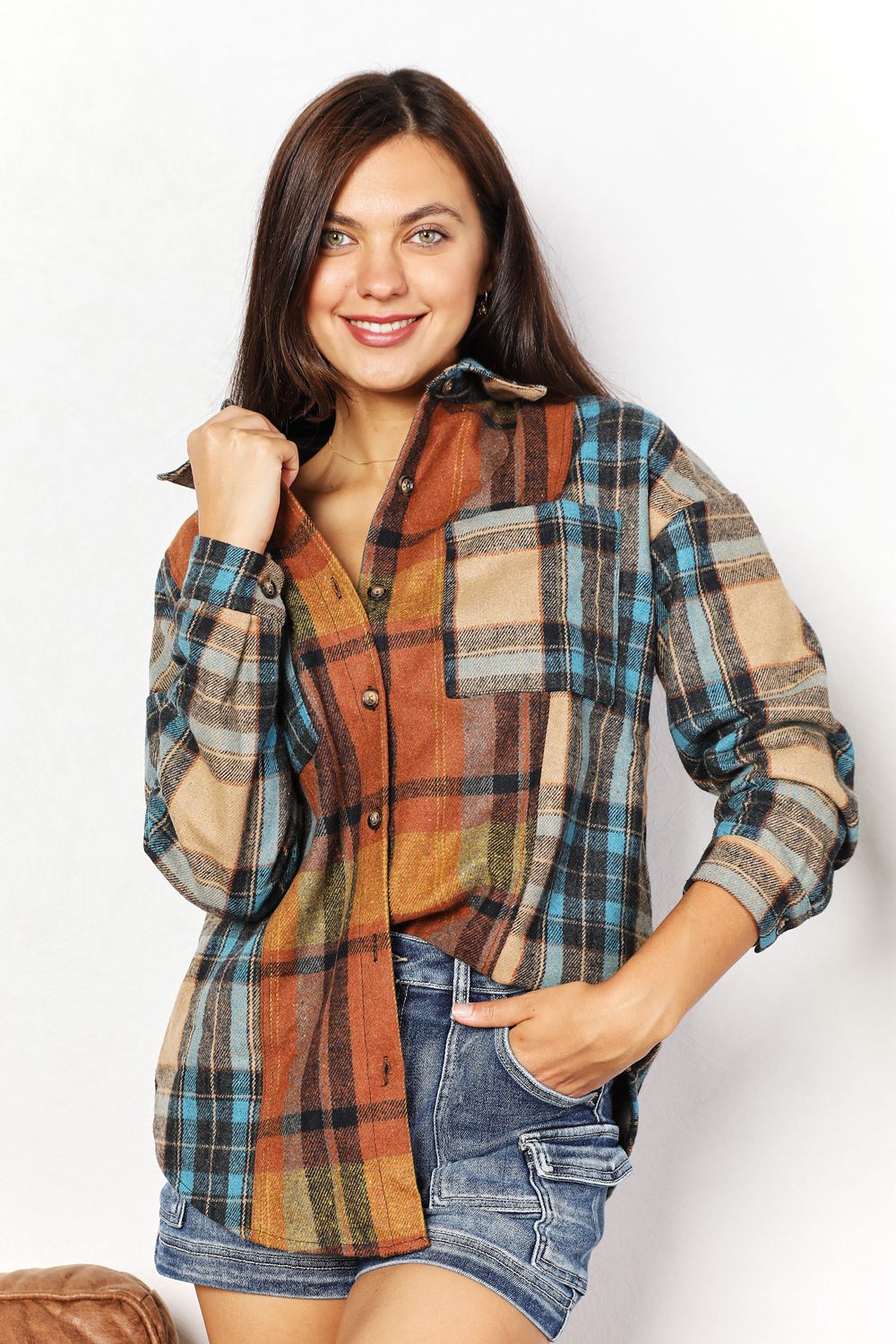 Double Take Plaid Curved Hem Shirt Jacket with Breast Pockets Double Take Plaid Curved Hem Shirt Jacket with Breast Pockets - TopFashionHQ