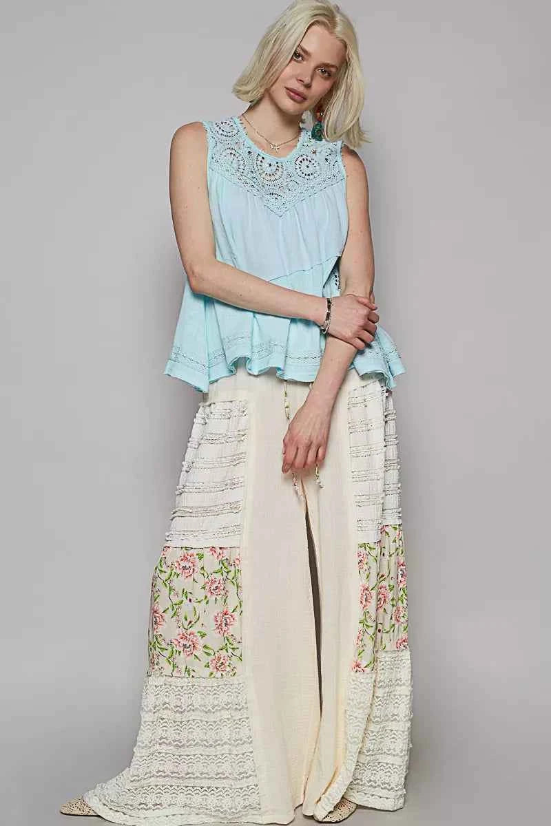 POL Round Neck Sleeveless Top with Crochet Contrast POL Round Neck Sleeveless Top with Crochet Contrast