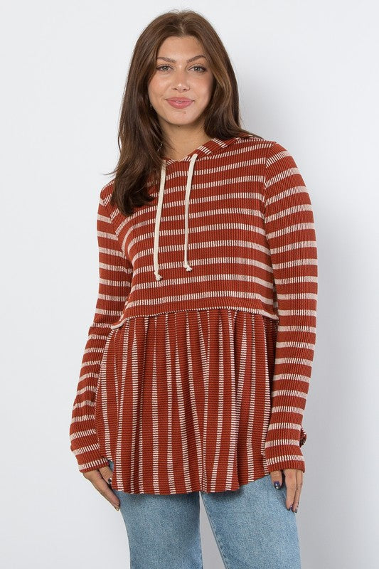 Be Stage Full Size Drawstring Striped Babydoll Hoodie Be Stage Full Size Drawstring Striped Babydoll Hoodie - TopFashionHQ