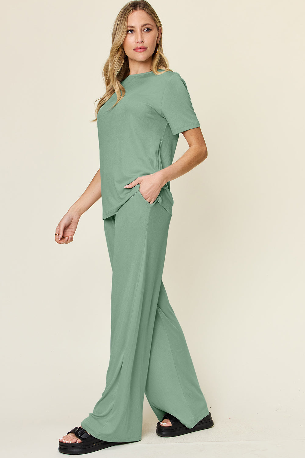 Double Take Full Size Round Neck Short Sleeve T-Shirt and Wide Leg Pants Set Double Take Full Size Round Neck Short Sleeve T-Shirt and Wide Leg Pants Set