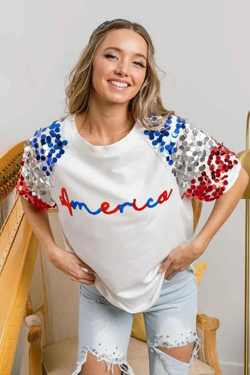 BiBi America Letter Applique Spangle Puff Sleeves Top BiBi America Letter Applique Spangle Puff Sleeves Top