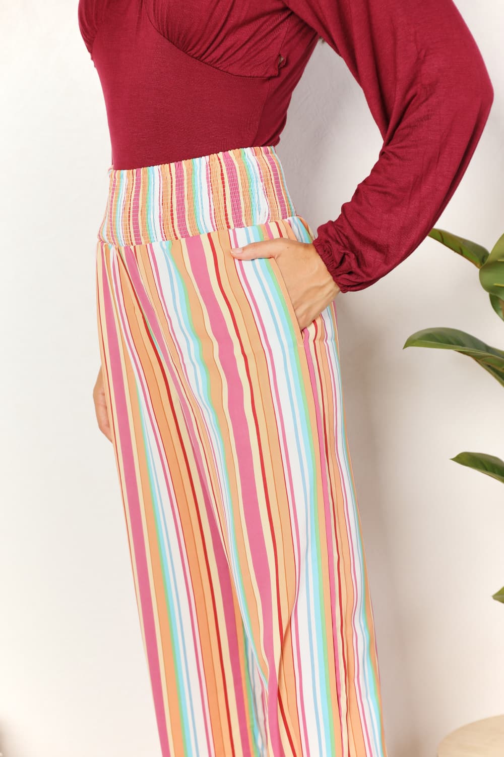 Double Take Striped Smocked Waist Pants with Pockets Double Take Striped Smocked Waist Pants with Pockets - TopFashionHQ