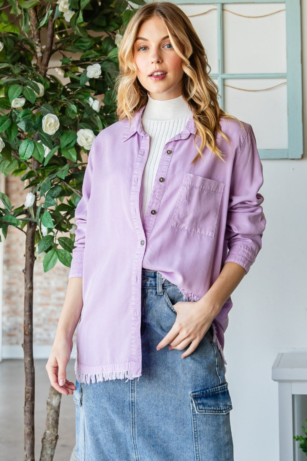 Veveret Raw Hem Button Up Long Sleeve Shirt Veveret Raw Hem Button Up Long Sleeve Shirt - TopFashionHQ