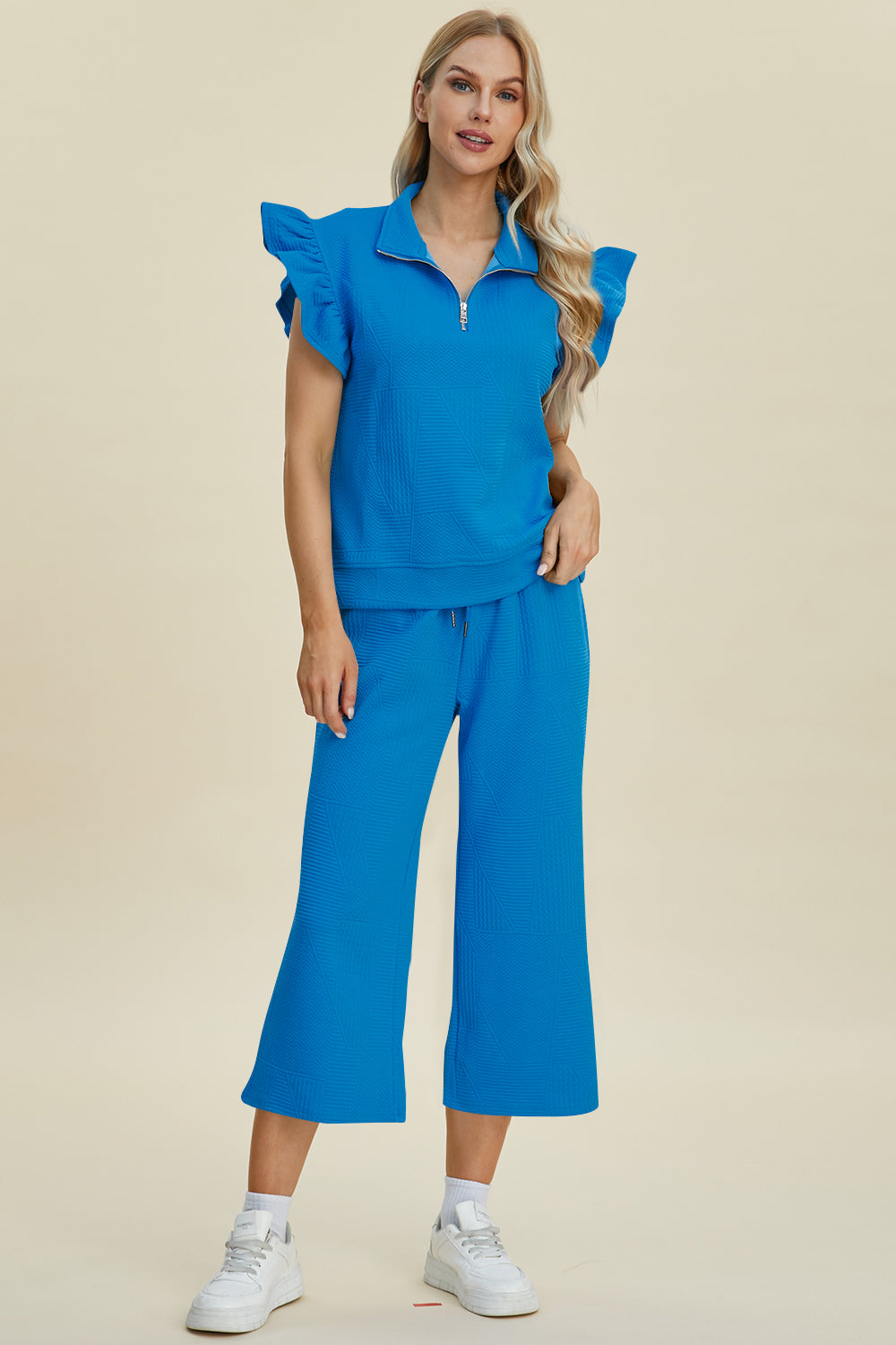 Double Take Full Size Texture Ruffle Short Sleeve Top and Wide Leg Pants Set Double Take Full Size Texture Ruffle Short Sleeve Top and Wide Leg Pants Set
