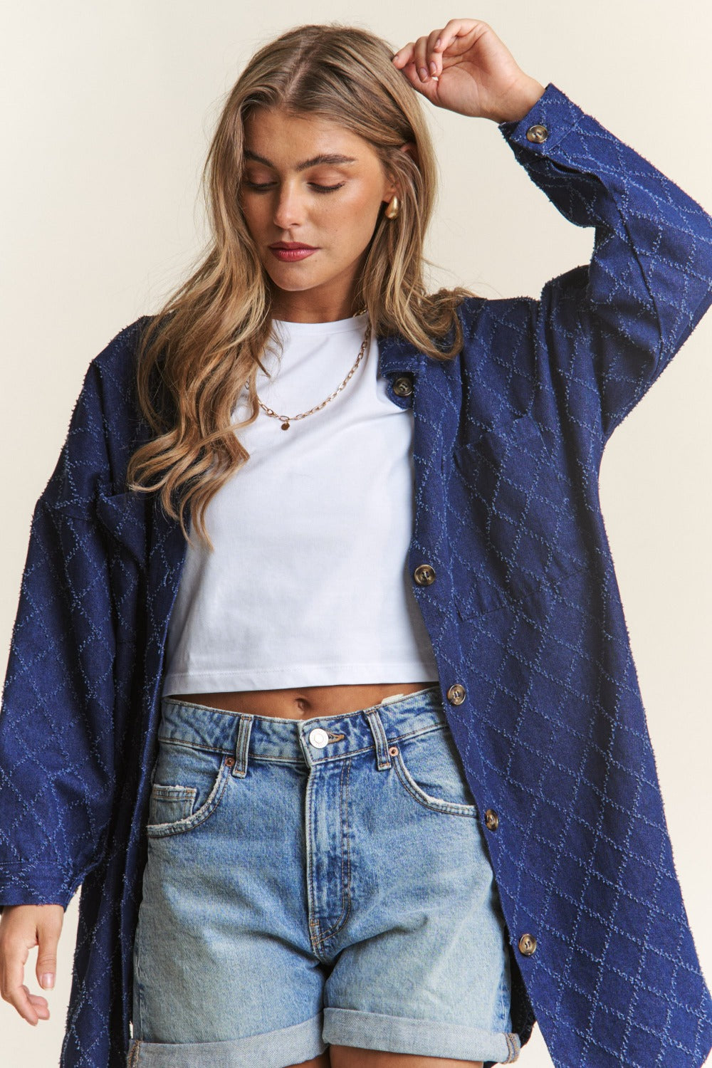 J.NNA Rhombus Stitched Button Up Denim Shacket J.NNA Rhombus Stitched Button Up Denim Shacket