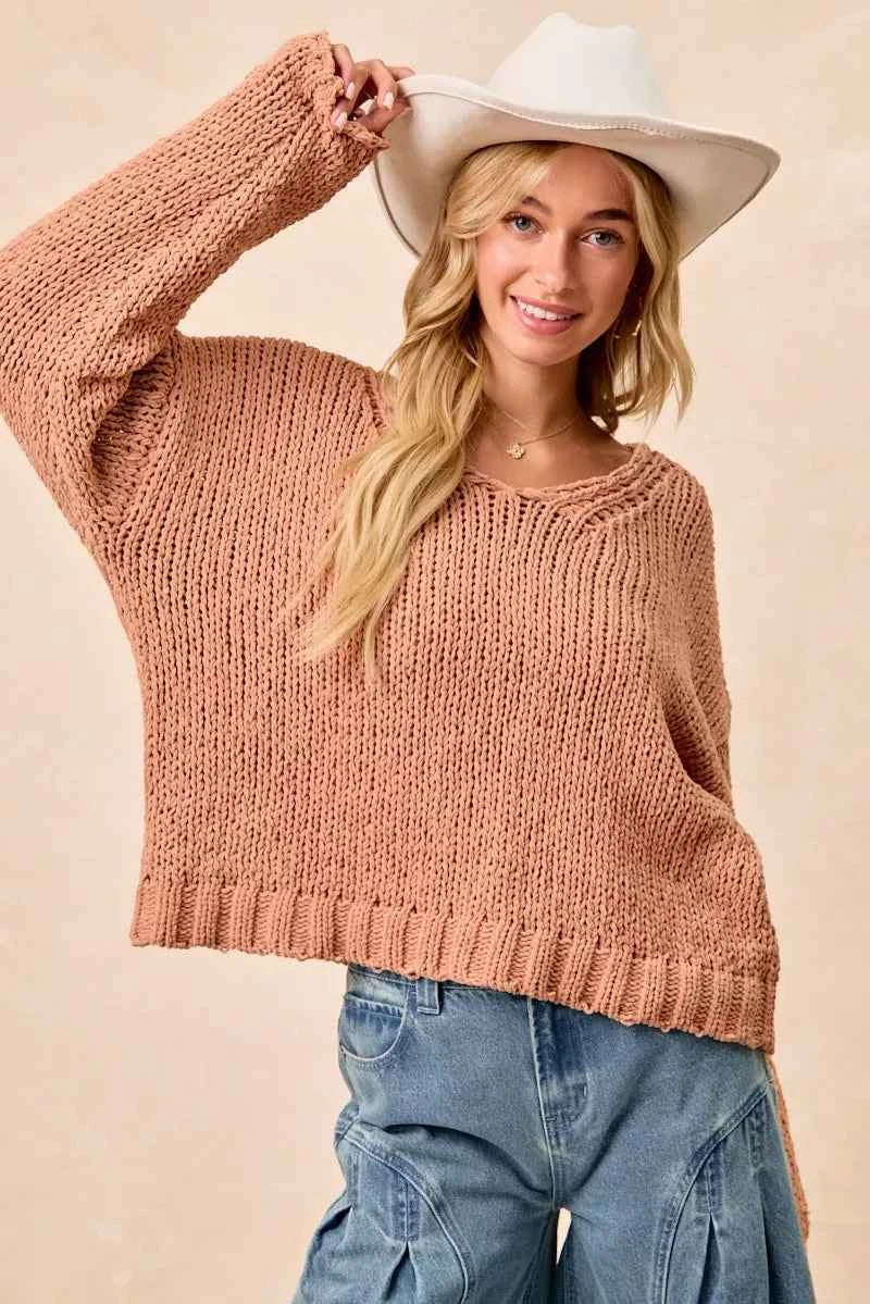 BiBi Chunky Knit Sweater with Flower Detail Sleeves BiBi Chunky Knit Sweater with Flower Detail Sleeves
