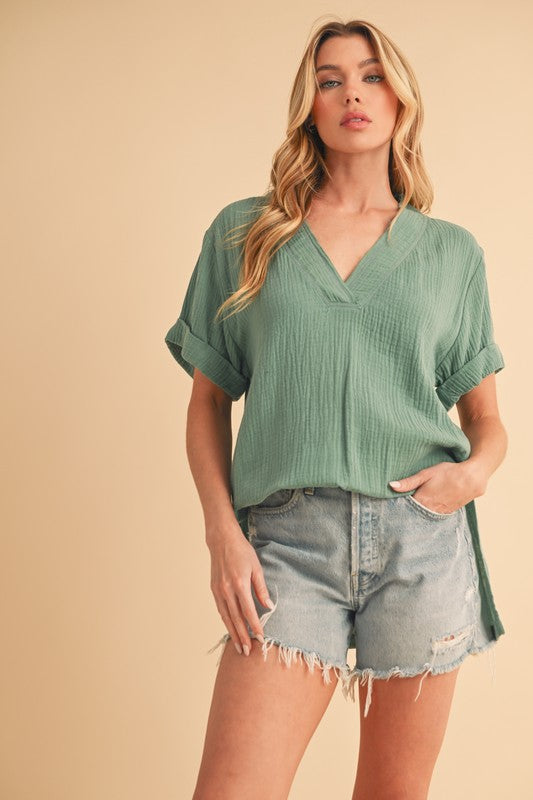 Aemi + Co Side Slit V-Neck Short Sleeve Blouse f9c4c4b2-426a-499b-9c0e-30dad17bef3a-Max