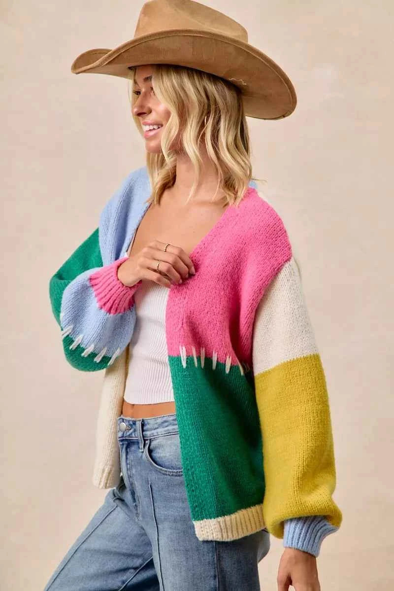 BiBi Color Block Open Front Sweater Cardigan BiBi Color Block Open Front Sweater Cardigan