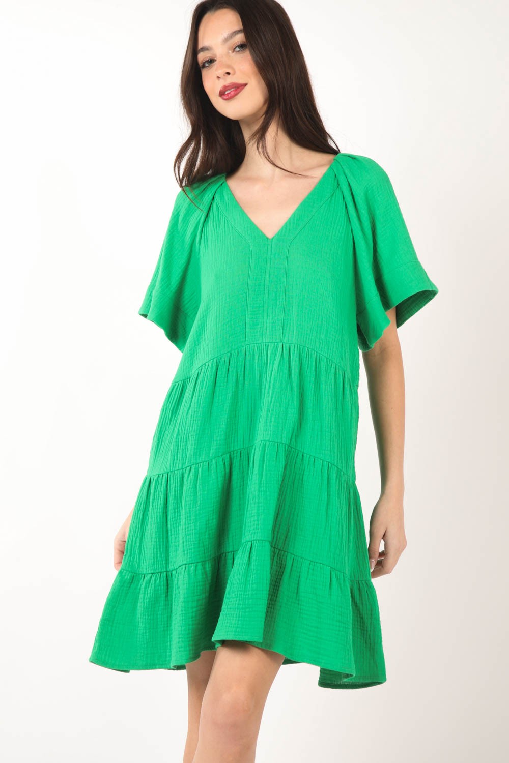 VERY J Texture V-Neck Ruffled Tiered Dress VERY J Texture V-Neck Ruffled Tiered Dress - TopFashionHQ