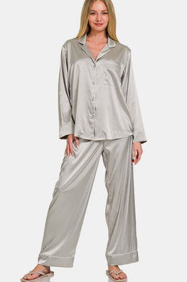 Zenana Satin Long Sleeve Shirt and Pants Pajama Set - TopFashionHQ
