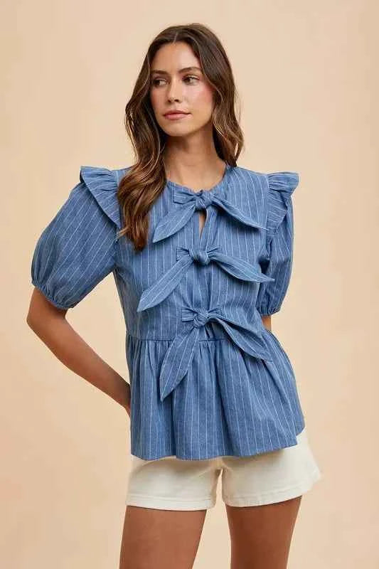 Annie Wear Stripe Front Bow Denim Peplum Blouse Annie Wear Stripe Front Bow Denim Peplum Blouse
