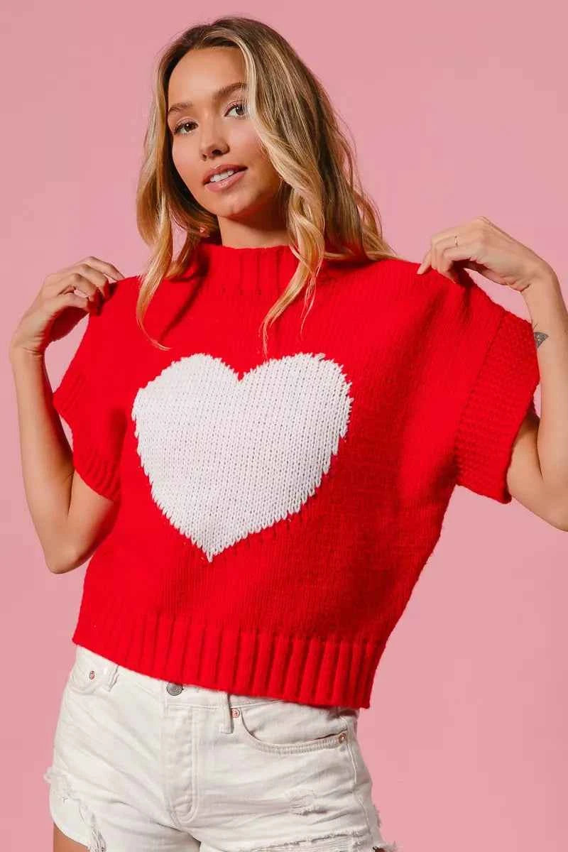 BiBi Rib Banded Heart Pattern Valentines Sweater BiBi Rib Banded Heart Pattern Valentines Sweater