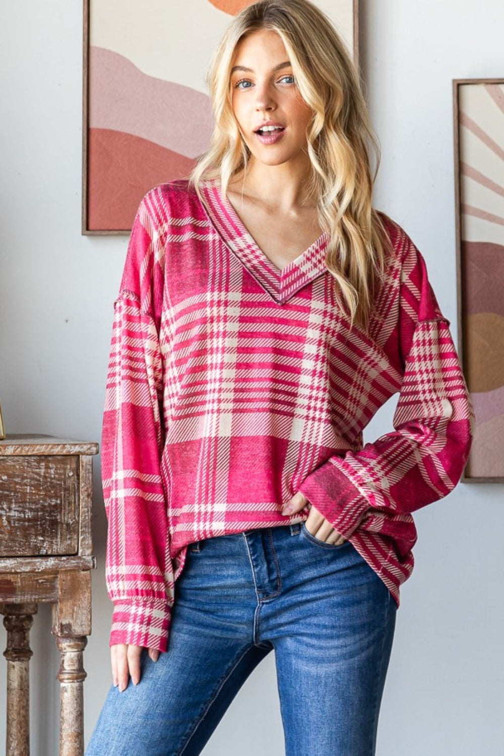 Heimish Plaid Drop Shoulder V-Neck T-Shirt Heimish Plaid Drop Shoulder V-Neck T-Shirt - TopFashionHQ