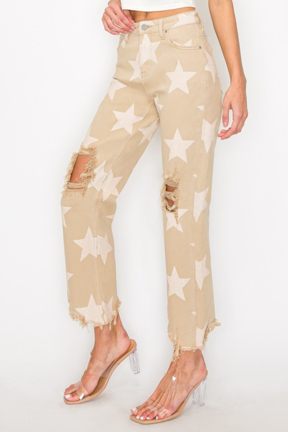 RISEN Full Size High Rise Star Printed Frayed Hem Jeans RISEN Full Size High Rise Star Printed Frayed Hem Jeans - TopFashionHQ