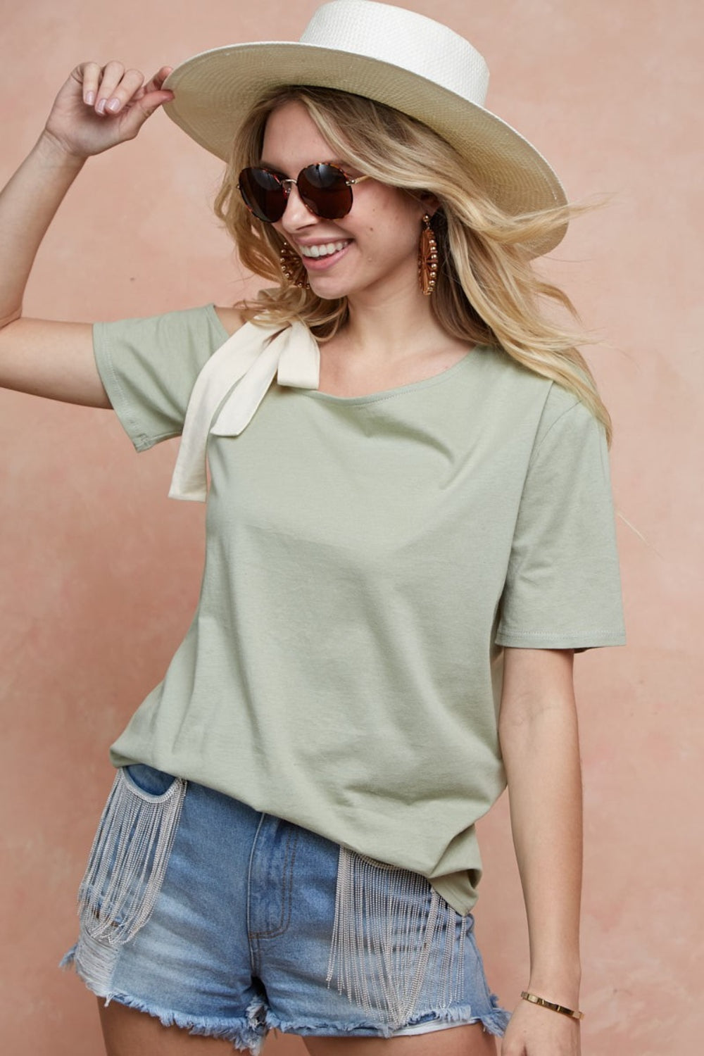 BiBi Tied Ribbon One Shoulder Short Sleeve T-Shirt BiBi Tied Ribbon One Shoulder Short Sleeve T-Shirt - TopFashionHQ