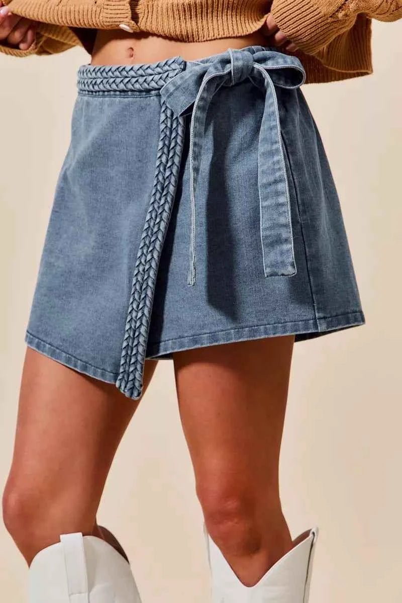 SO ME Wrap Braided Trimmed Denim Skort SO ME Wrap Braided Trimmed Denim Skort
