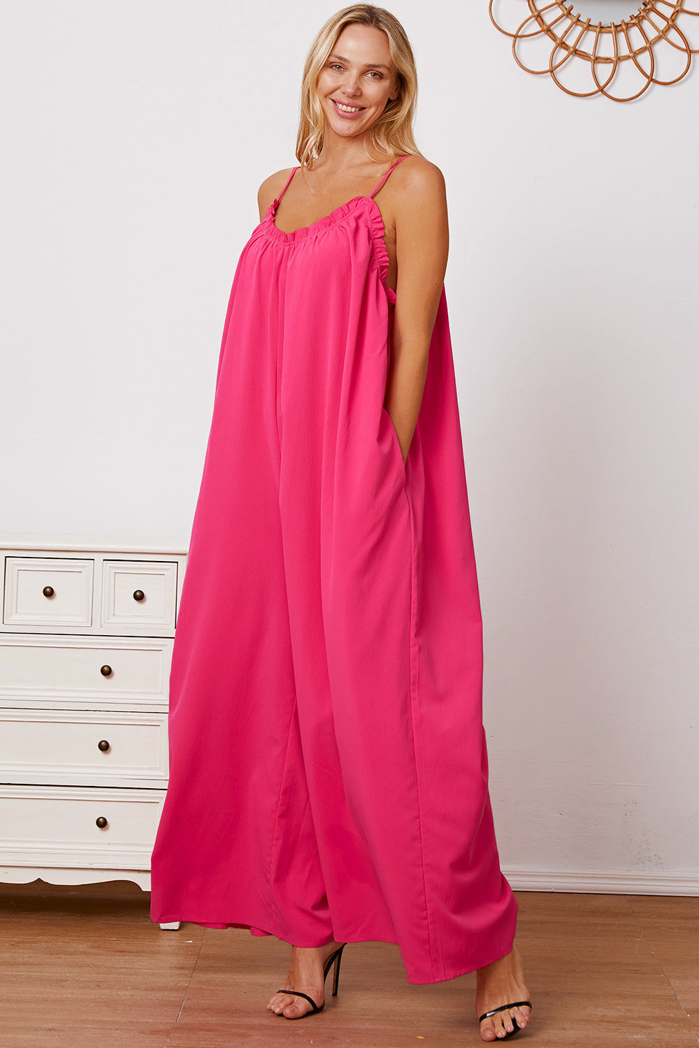 Double Take Full Size Ruffle Trim Tie Back Cami Jumpsuit with Pockets Double Take Full Size Ruffle Trim Tie Back Cami Jumpsuit with Pockets - TopFashionHQ