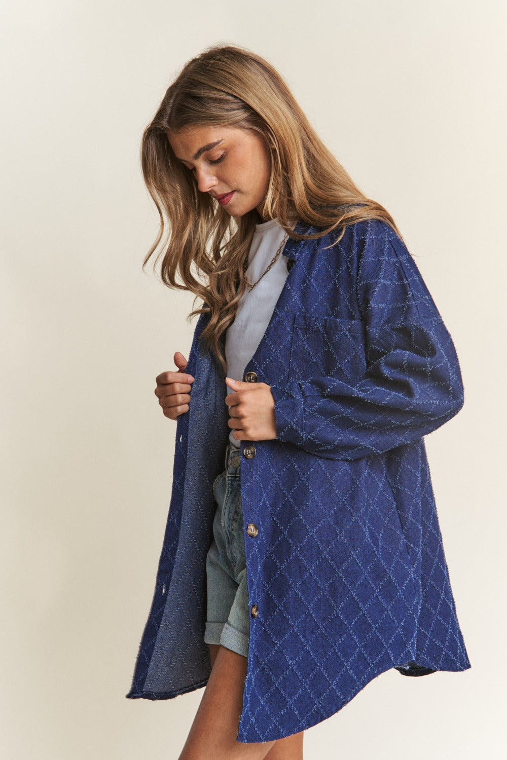 J.NNA Rhombus Stitched Button Up Denim Shacket J.NNA Rhombus Stitched Button Up Denim Shacket