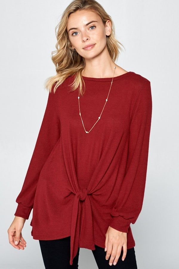 Super Lady Full Size Round Neck Knot Front Hacci Blouse Super Lady Full Size Round Neck Knot Front Hacci Blouse