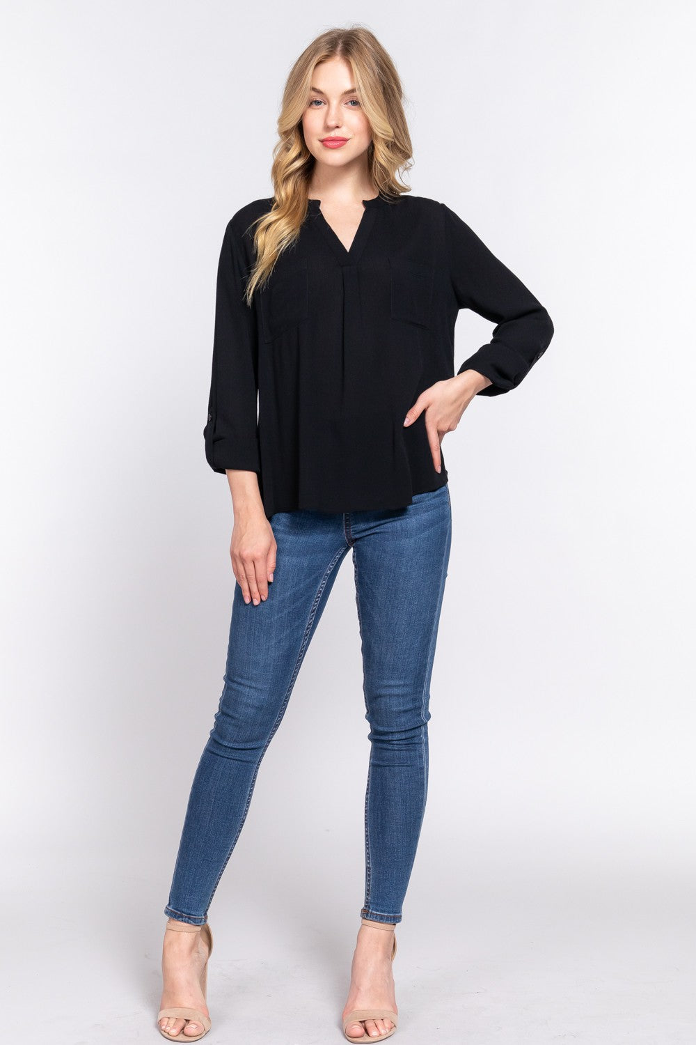 ACTIVE BASIC Full Size Notched Long Sleeve Woven Top ACTIVE BASIC Full Size Notched Long Sleeve Woven Top - TopFashionHQ