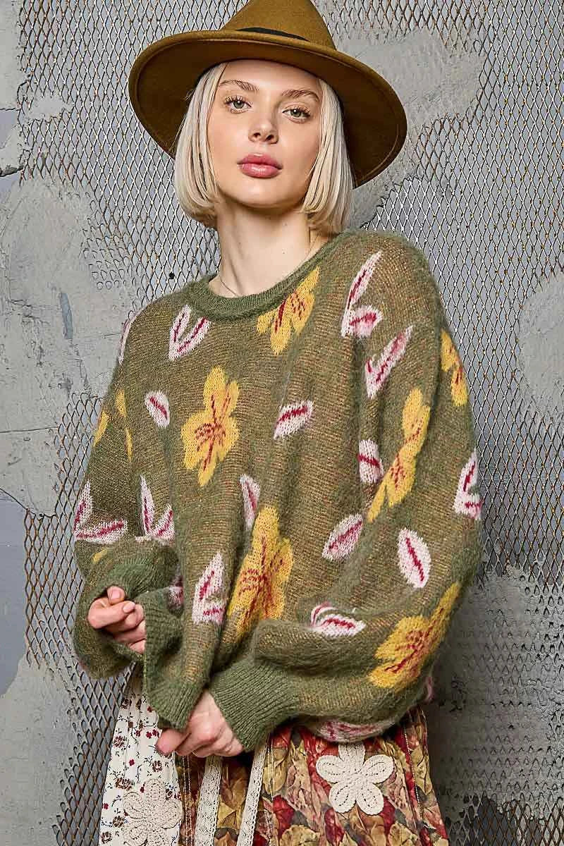 POL Floral Pattern Round Neck Balloon Sleeve Sweater POL Floral Pattern Round Neck Balloon Sleeve Sweater