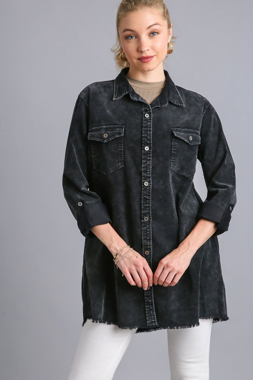 Umgee Raw Hem Button Down Denim Jacket with Chest Pockets Umgee Raw Hem Button Down Denim Jacket with Chest Pockets - TopFashionHQ