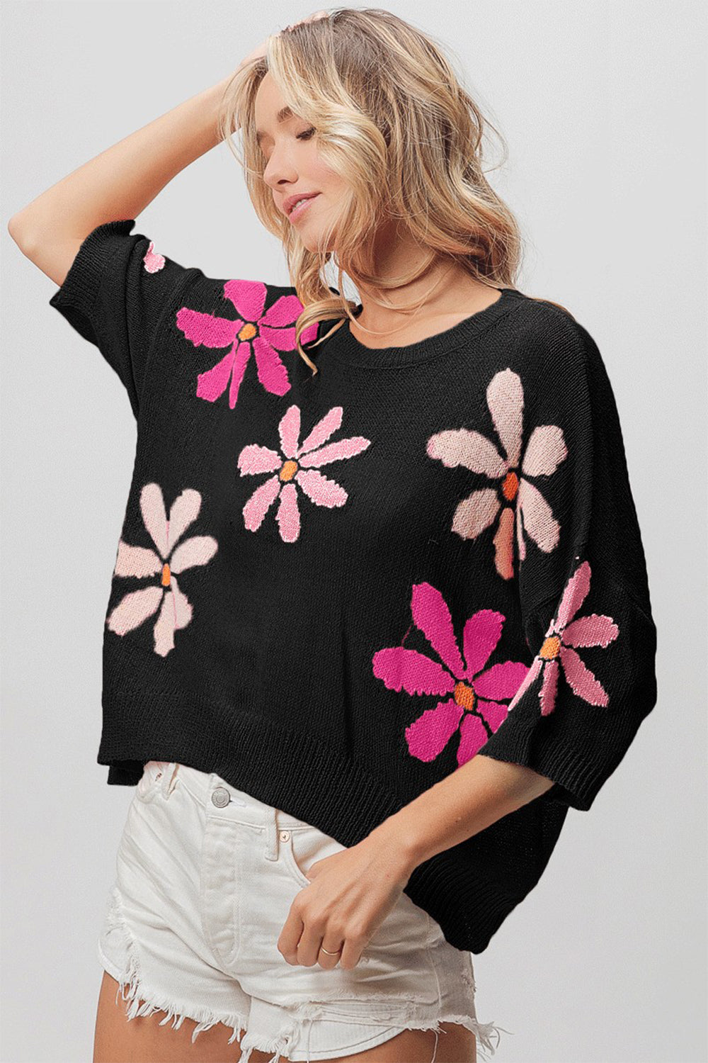 BiBi Floral Pattern Cropped Sweater BiBi Floral Pattern Cropped Sweater - TopFashionHQ
