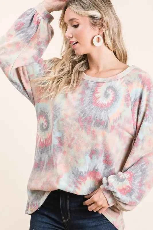 BiBi Brushed Tie Dye Print Top with Puff Sleeves BiBi Brushed Tie Dye Print Top with Puff Sleeves