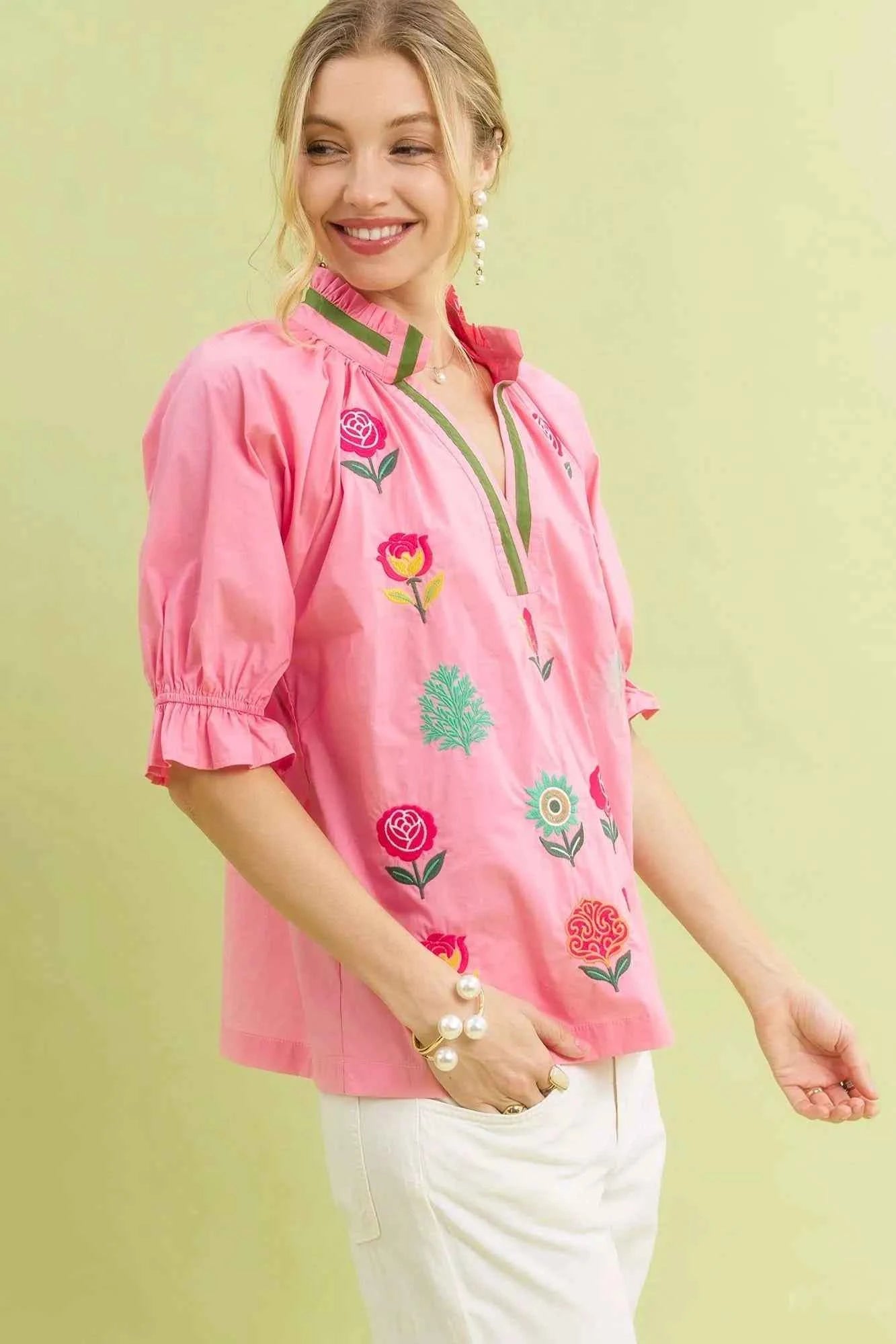 Umgee Embroidered Floral Top with Contrast Trim Umgee Embroidered Floral Top with Contrast Trim