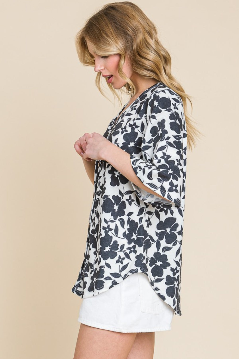 BOMBOM Floral Decorative Button V-Neck Top BOMBOM Floral Decorative Button V-Neck Top - TopFashionHQ