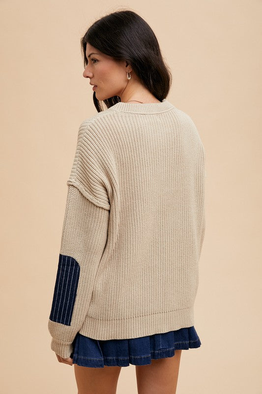 Annie Wear Contrast Round Neck Drop Shoulder Sweater with Patch Pocket Annie Wear Contrast Round Neck Drop Shoulder Sweater with Patch Pocket