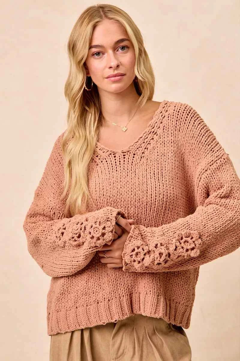 BiBi Chunky Knit Sweater with Flower Detail Sleeves BiBi Chunky Knit Sweater with Flower Detail Sleeves