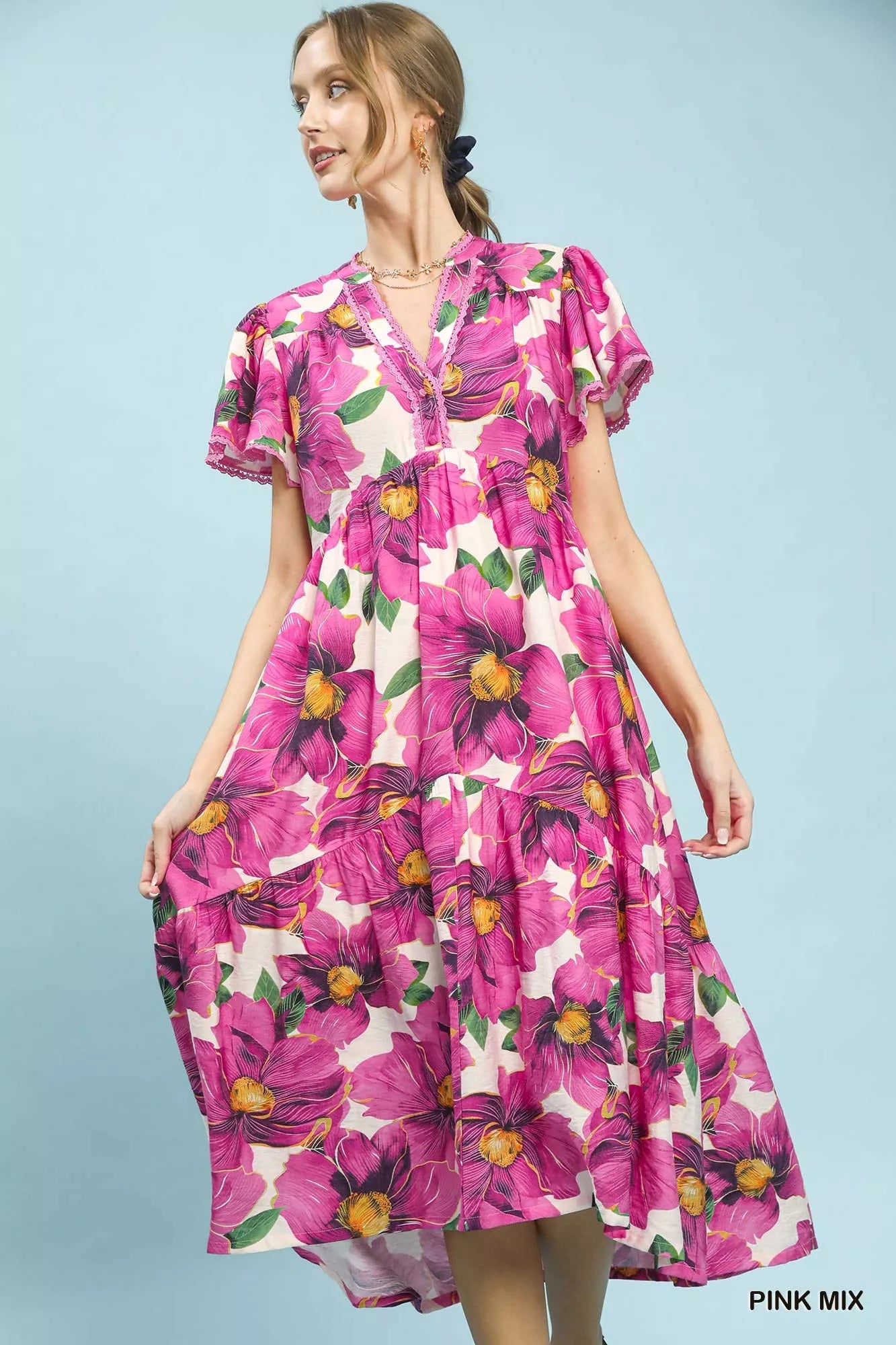 Umgee Tropical Floral V-Neck Flutter Sleeve Tiered Midi Dress fbaf2474-ab8b-41d7-af6b-f11ff78c9366-Max-Origin