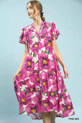 Umgee Tropical Floral V-Neck Flutter Sleeve Tiered Midi Dress