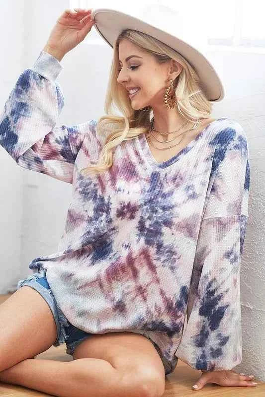 BiBi Tie-Dye V-Neck Long Sleeve Waffle Top BiBi Tie-Dye V-Neck Long Sleeve Waffle Top