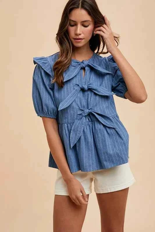 Annie Wear Stripe Front Bow Denim Peplum Blouse Annie Wear Stripe Front Bow Denim Peplum Blouse