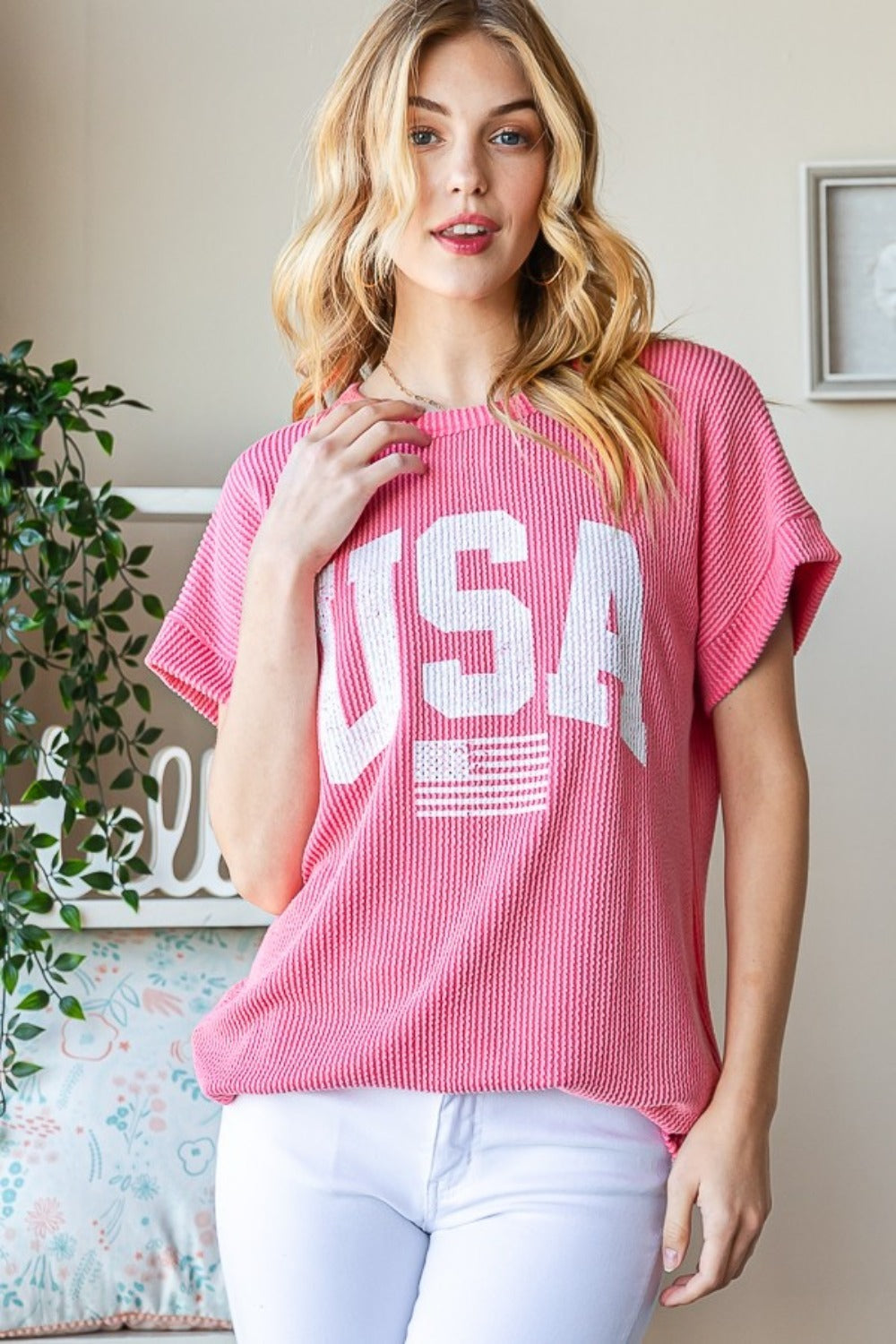 Heimish Full Size USA Graphic Short Sleeve Ribbed Top Heimish Full Size USA Graphic Short Sleeve Ribbed Top - TopFashionHQ